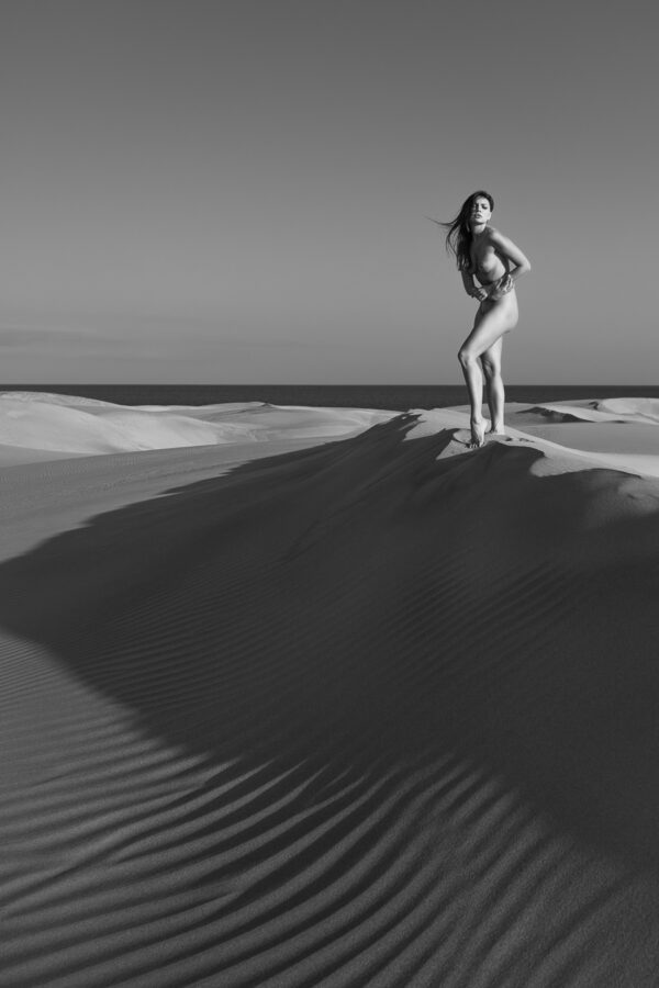 Nu artistique dans les dunes de sable. Le vent dans les cheveux de la modèle, sa peau nue, sensualité en pleine nature